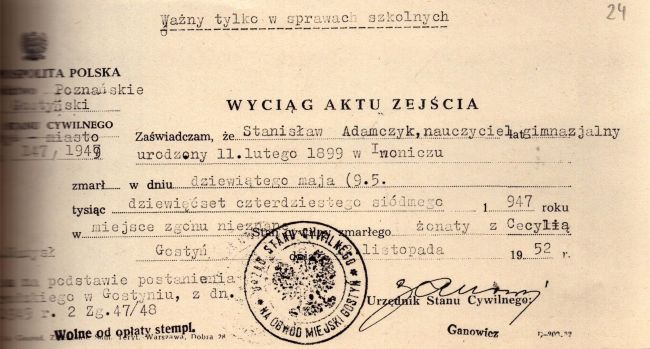 Akt zgonu Stanisława Adamczyka