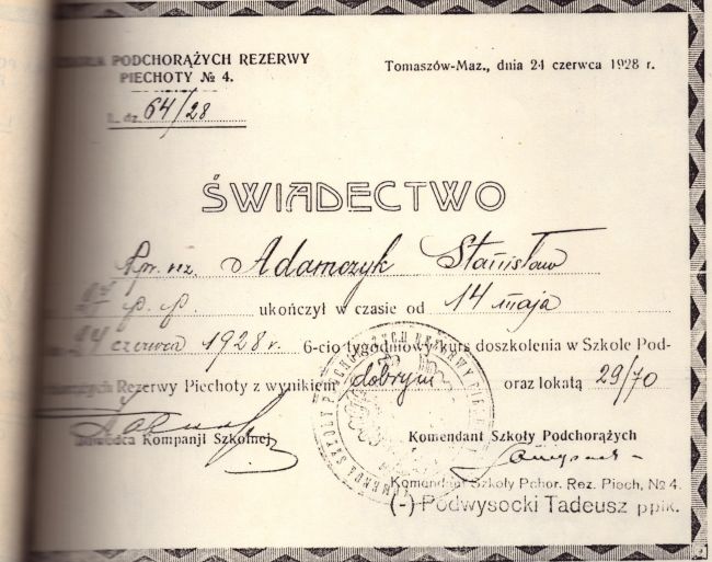 Stanisław Adamczyk świadectwo Szkoły Podchorążych