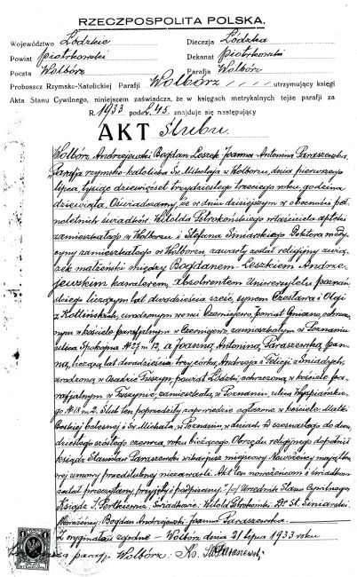 Akt ślubu Bogdana Andrzejewskiego