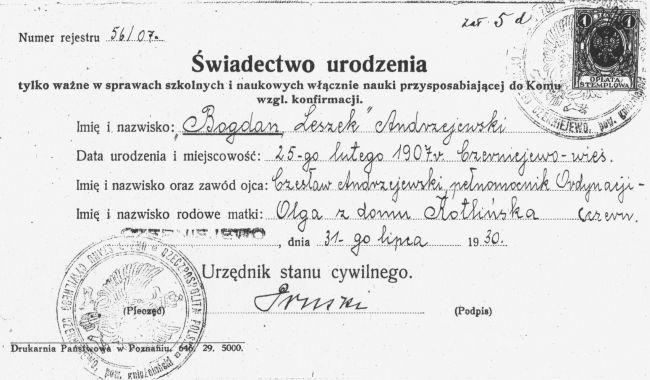 Bogdan Andrzejewski akt urodzenia