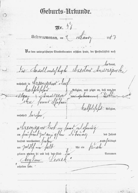 Akt urodzenia Bogdana Andrzejewskiego w języku niemieckim