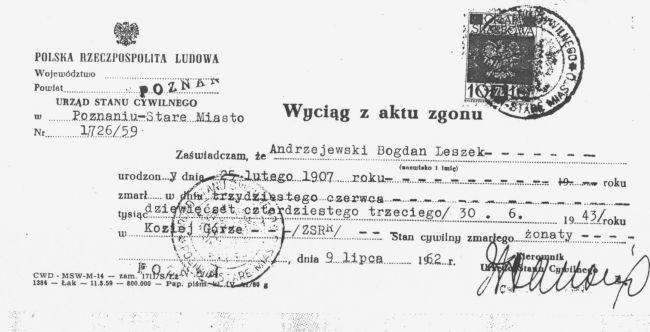 Akt zgonu Bogdana Andrzejewskiego