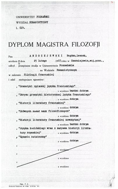 Dyplom ukończenia studi&oacute;w Bogdana Andrzejewskiego na Uniwersytecie Poznańskim