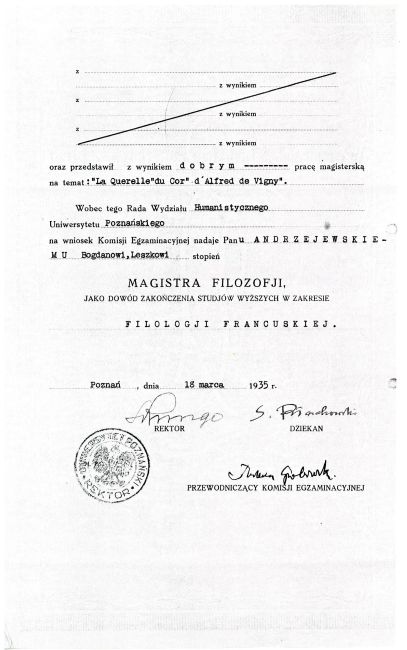 Dyplom ukończenia studi&oacute;w Bogdana Andrzejewskiego na Uniwersytecie Poznańskim