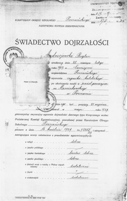 Świadectwo maturalne Bogdana Andrzejewskiego 