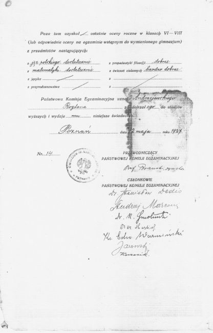 Świadectwo maturalne Bogdana Andrzejewskiego 