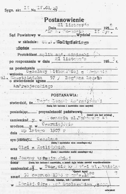 Postanowienie sądu o uznaniu Bogdana Andrzejewskiego za zmarłego