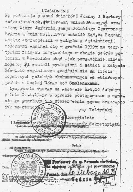Postanowienie sądu o uznaniu Bogdana Andrzejewskiego za zmarłego