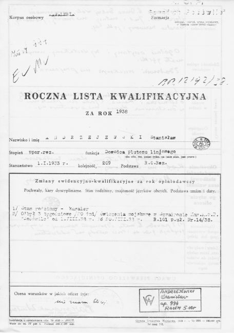 Roczna Karta Kwalifikacyjna Stanisława Andrzejewskiego 1938 rok