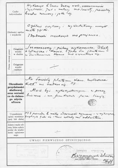 Roczna Karta Kwalifikacyjna Stanisława Andrzejewskiego 1938 rok