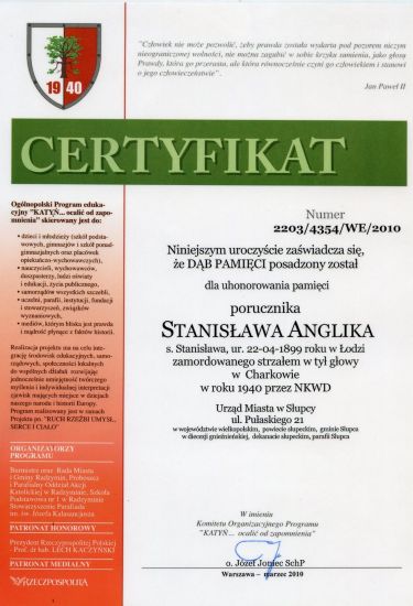 Certyfikat dębu pamięci Stanisława Anglik