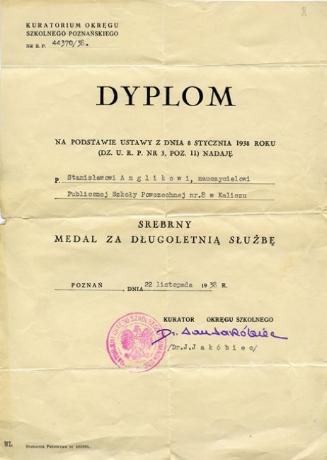 Dyplom srebrnego medalu za długoletnią służbę dla Stanisława Anglik