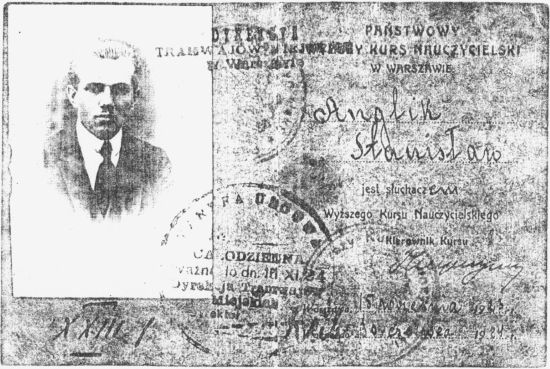 Legitymacja kursu nauczycielskiego Stanisława Anglika