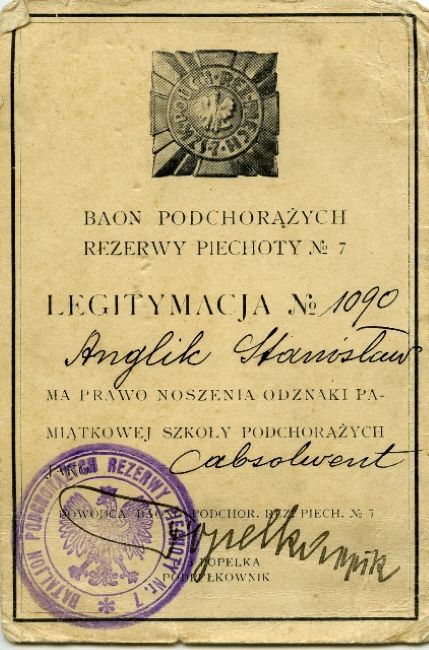 Legitymacja Szkoły Podchorążych Stanisław Anglik