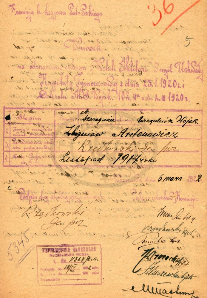 Wniosek o odznaczenie orderem Virtuti Militari w myśl chwały Kapituły Tymczasowej z dnia 23.1.1920 Zbigniewa Antonowicza 