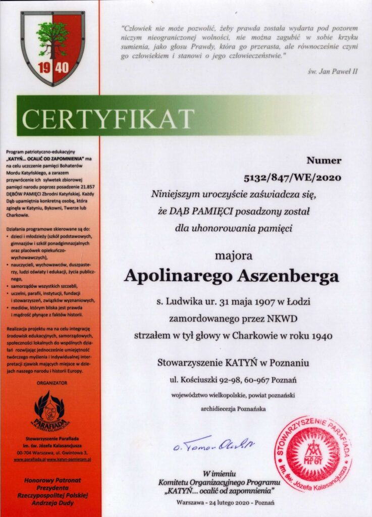 Certyfikat Apolinarego Aszenberga - Dąb Pamięci