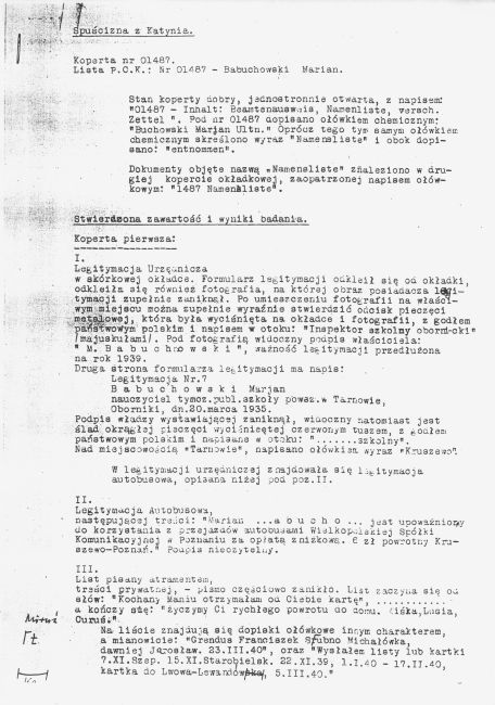 Marian Babuchowski - lista katyńska, zawartość koperty 01487