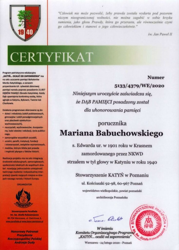 Babuchowski_Marian_dab Ceryfikat Mariana Babuchowskiego - Dąb Pamięci