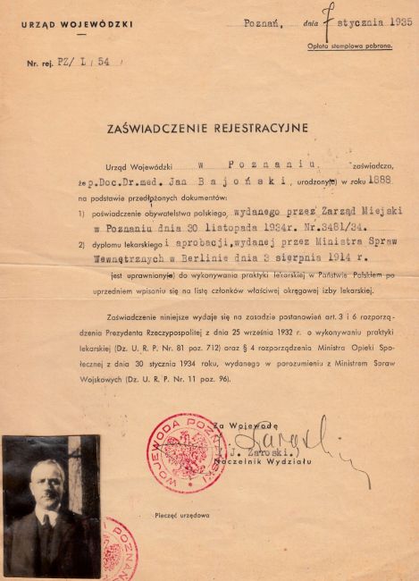 Zaświadczenie Jan Bajoński 1935 rok