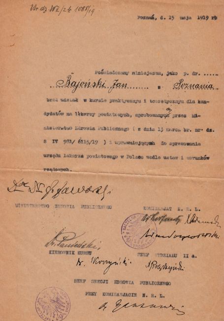Jan Bajoński - świadectwo ukończenia kursu lekarskiego