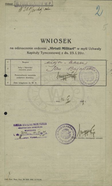 Wniosek o odznaczenie medalem Virtuti Militari Jan Bajoński