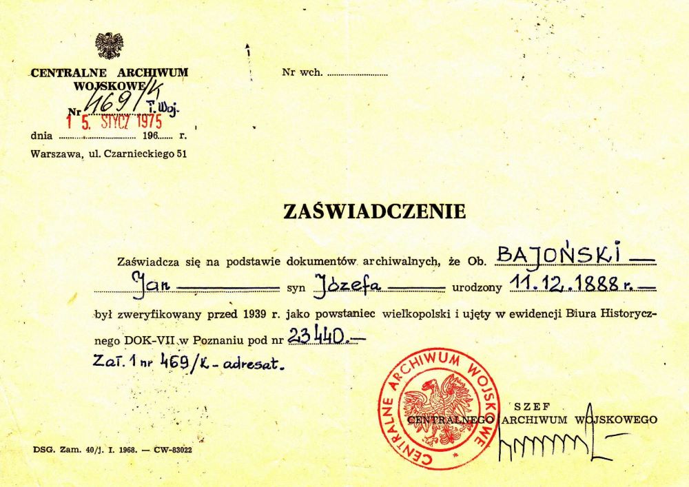 Zaświadczenie Jana Bajońskiego - powstańca wielkopolskiego