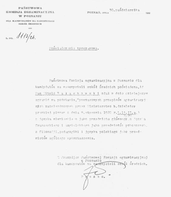 Poświadczenie prawa wykonywania zawodu nauczyciela dla Witolda Bałachowskiego