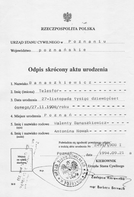 Odpis skróconego aktu urodzenia Telesfora Banaszkiewicza