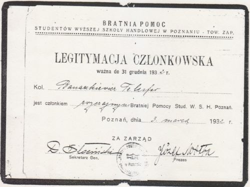 Telesfor Banaszkiewicz, legitymacja Bratnia Pomoc