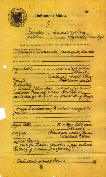Dokument ślubu Kazimierza Baranieckiego 