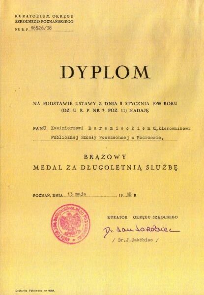 Dyplom brązowego  medalu za długoletnią służbę Kazimierza Baranieckiego