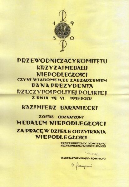 Kazimierz Baraniecki dyplom
