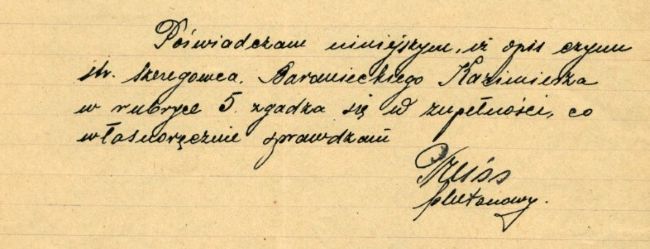 Zaświadczenie VM Kazimierz Baraniecki