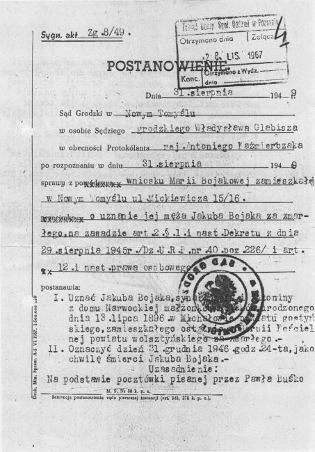 Postanowienie sądowe w sprawie uznania Jakuba Bojaka za zmarłego
