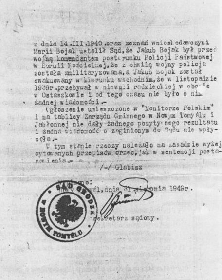 Postanowienie o uznanie za zmarłego Jakuba Bojaka