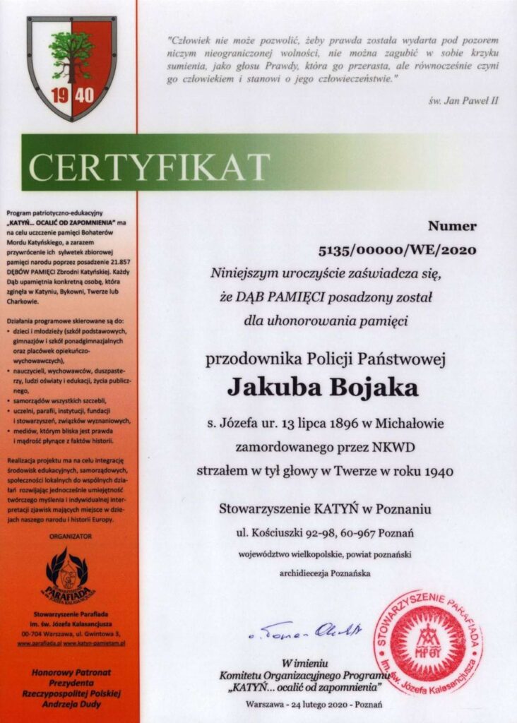 Certyfikat Jakuba Bojaka - dąb pamięci.