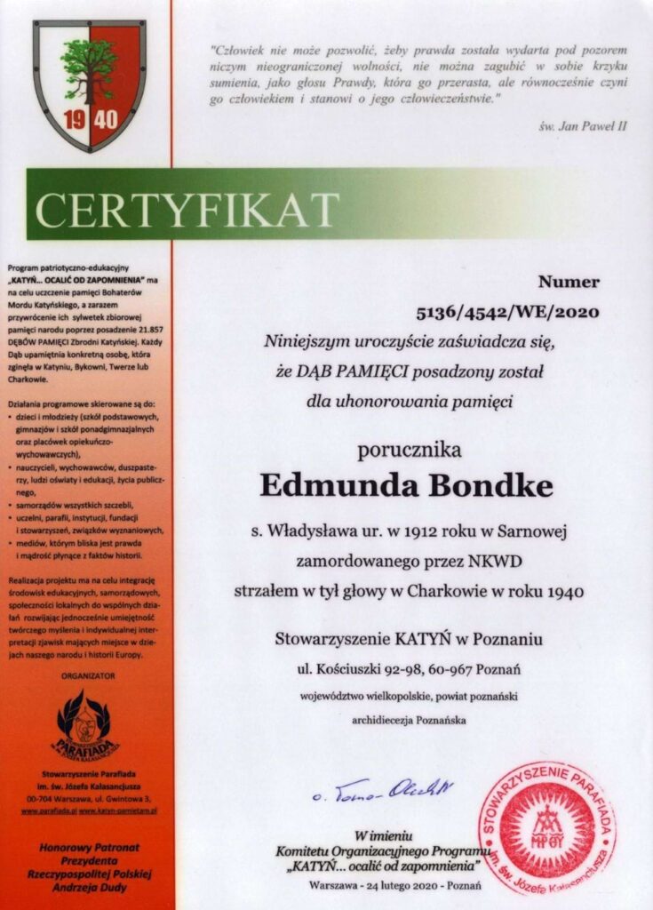 Certyfikat Edmunda Bondke - Dąb Pamięci w Poznaniu.