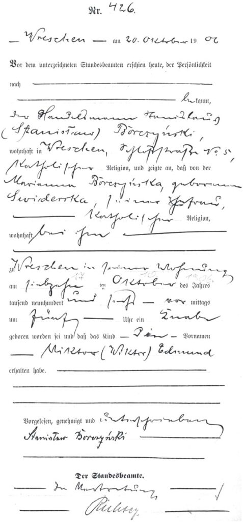 Wiktor Edmund Borczyński - metryka. 