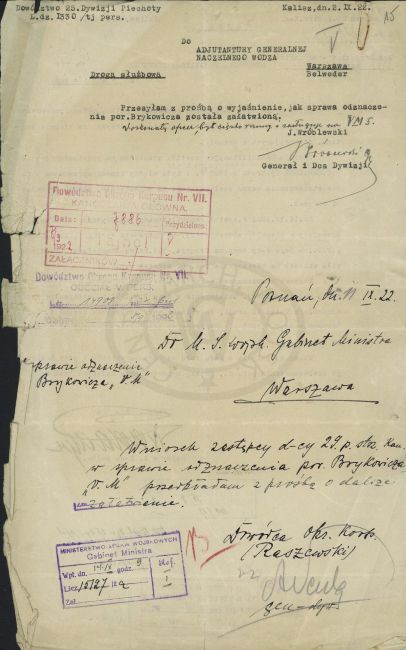Dokument zawiadamiający o wniosku Virtuti Militari Stefana Brykowicza.
