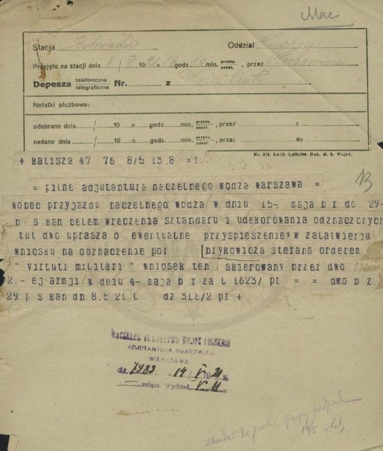 Pismo z biura naczelnego wodza dotyczące Stefana Brykowicza