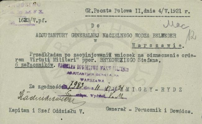 Stefan Brykowicz zaświadczenie do wniosku Virtuti Militari