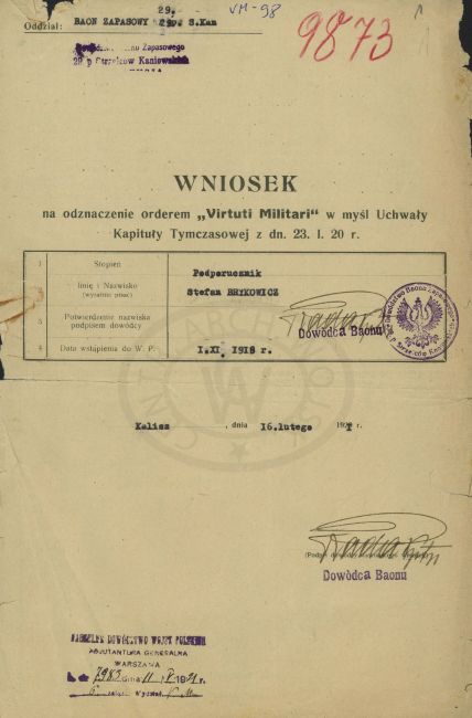 Wniosek o odznaczenie orderem Virtuti Militari Stefana Brykowicza