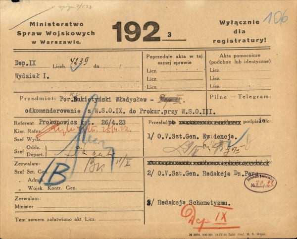 Odkomenderowanie Władysława Bukietyńskiego z Wojskowego Sądu Okręgowego IX do Prokuratury przy Wojskowym Sądzie Okręgowym nr III.