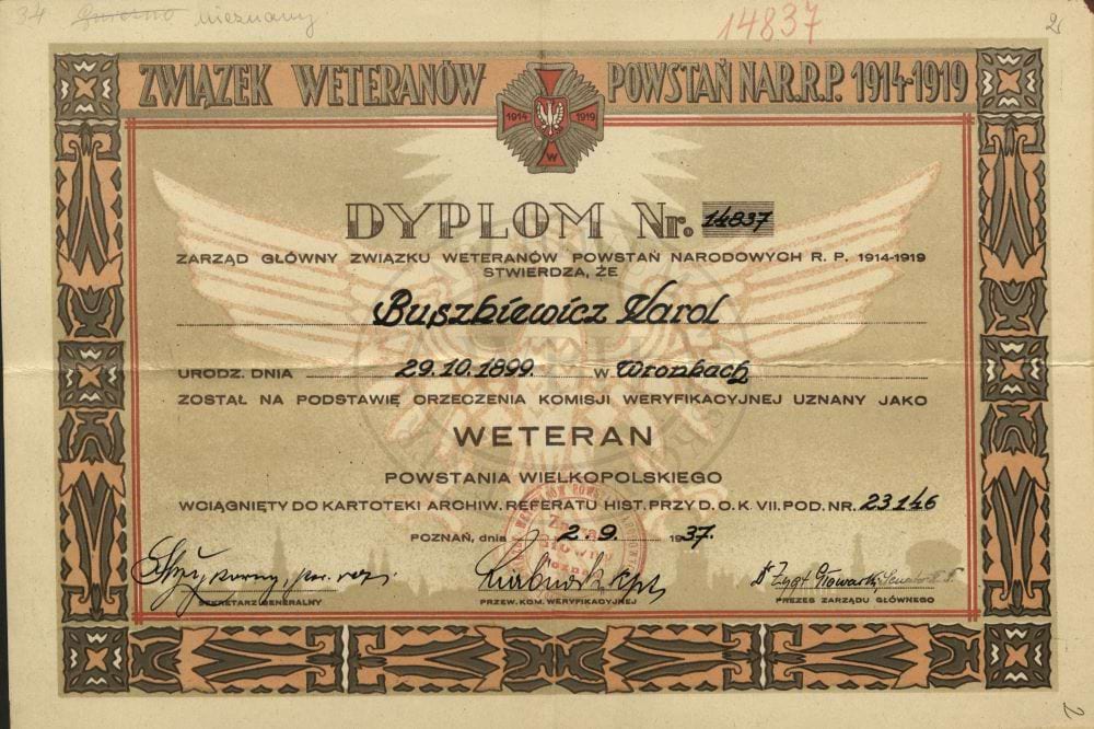 Dyplom potwierdzający udział Karola Buszkiewicza w Powstaniu Wielkopolskim.