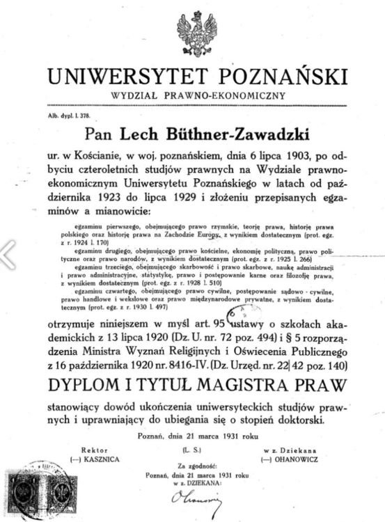 Lech B&uuml;thner-Zawadzki - dyplom Uniwersytetu Poznańskiego.