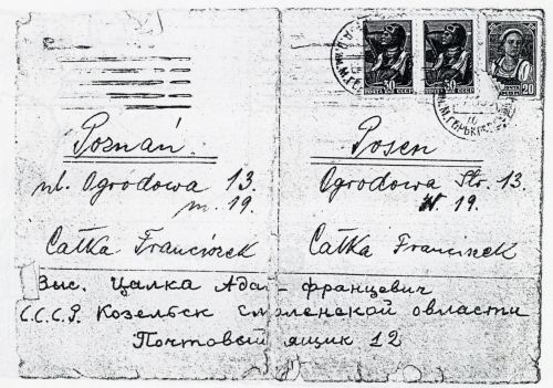 Koperta listu Adama Całki z obozu NKWD w Kozielsku