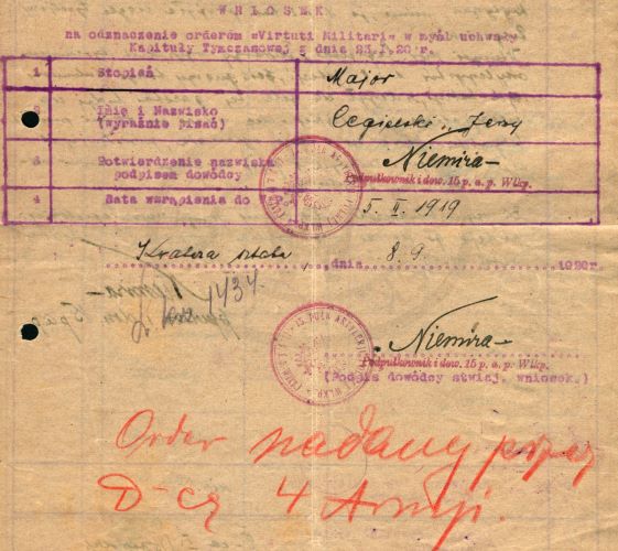 Wniosek na odznaczenie Orderem Virtuti Militari. 