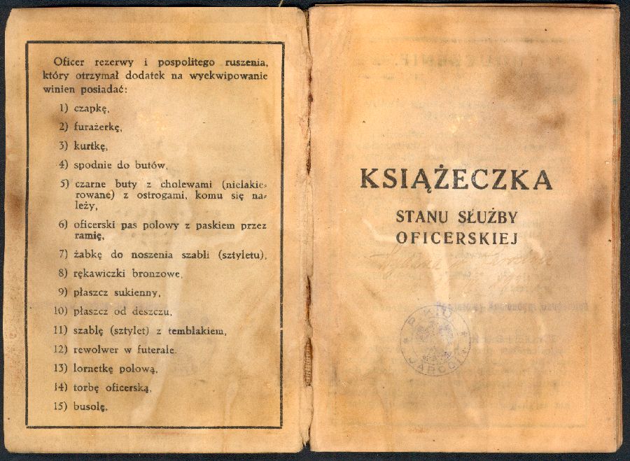 Książeczka stanu służby oficerskiej znaleziona przy ppor. Szczepanie Cerekwickim w Katyniu.