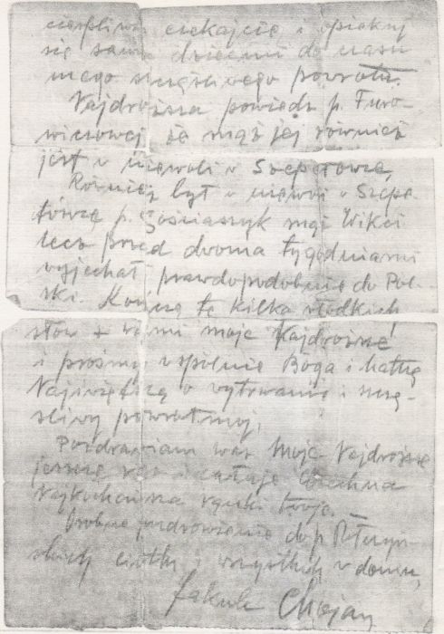 List Jakuba Chojana z obozu przejściowego w Szepietówce.