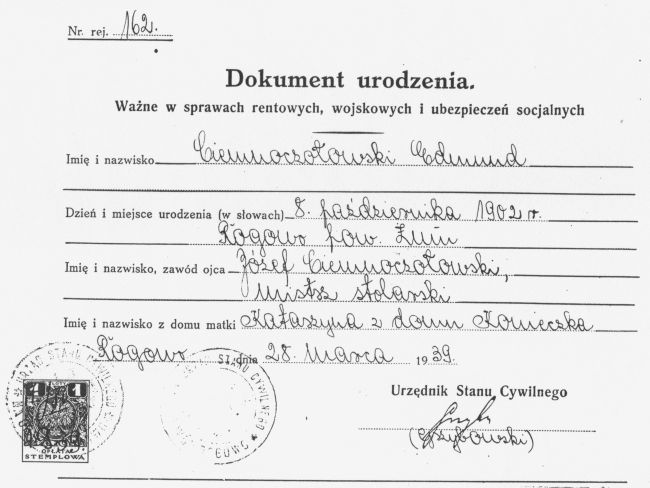 Dokument urodzenia Edmunda Ciemnoczołowskiego